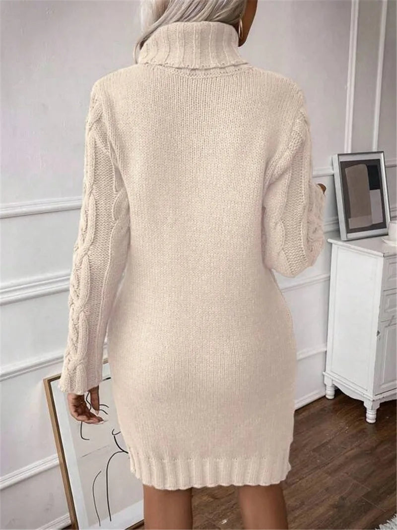 M&T Wear - Simple Slim-Fit High-Neck Mini Sweater Dress