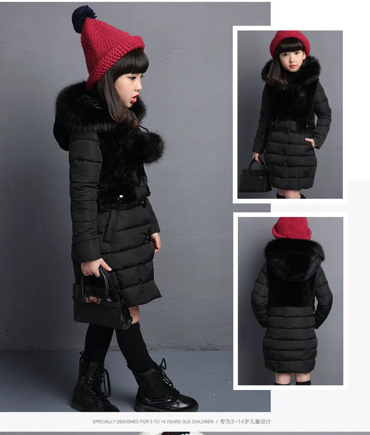 M&T Wear - Winter Warm Jackets for Girls Fashion Fur Hooded Children Girls Waterproof Outwear Kids Cotton Lined Parkas