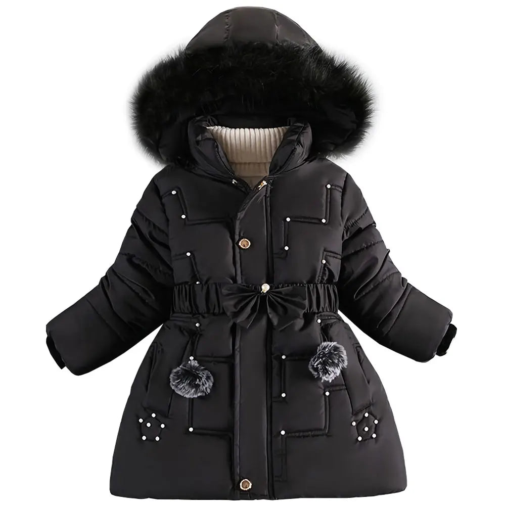 M&T Wear - Children's Winter Jacket Thick Warm Fur Collar Hood Beads Elastic Waist Teens Girls Down Coat,Fashion Windproof Kids Overcoat