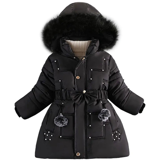 M&T Wear - Children's Winter Jacket Thick Warm Fur Collar Hood Beads Elastic Waist Teens Girls Down Coat,Fashion Windproof Kids Overcoat