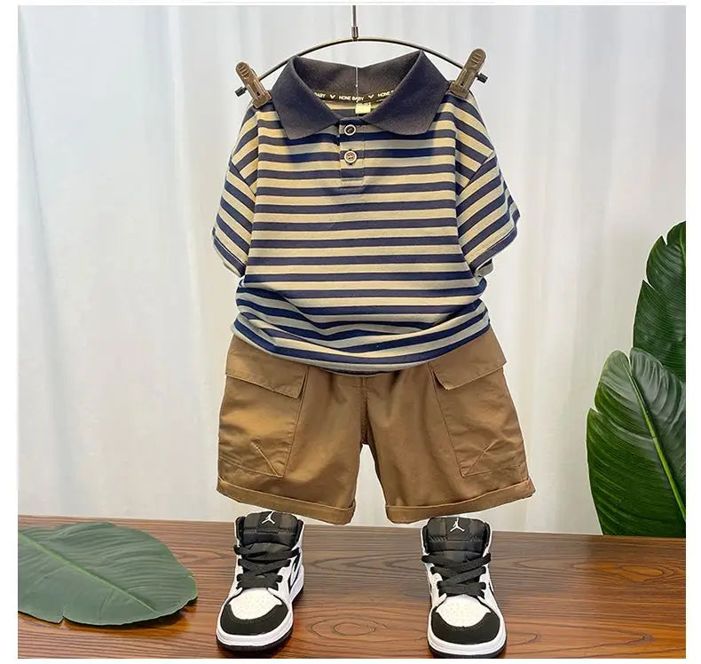 M&T Wear - Korean Children's Clothes 2025 Summer Kids Clothes Boys Outfits Baby Thin Short Sleeves Stripe Polo Shirt +Shorts Two Pieces Set