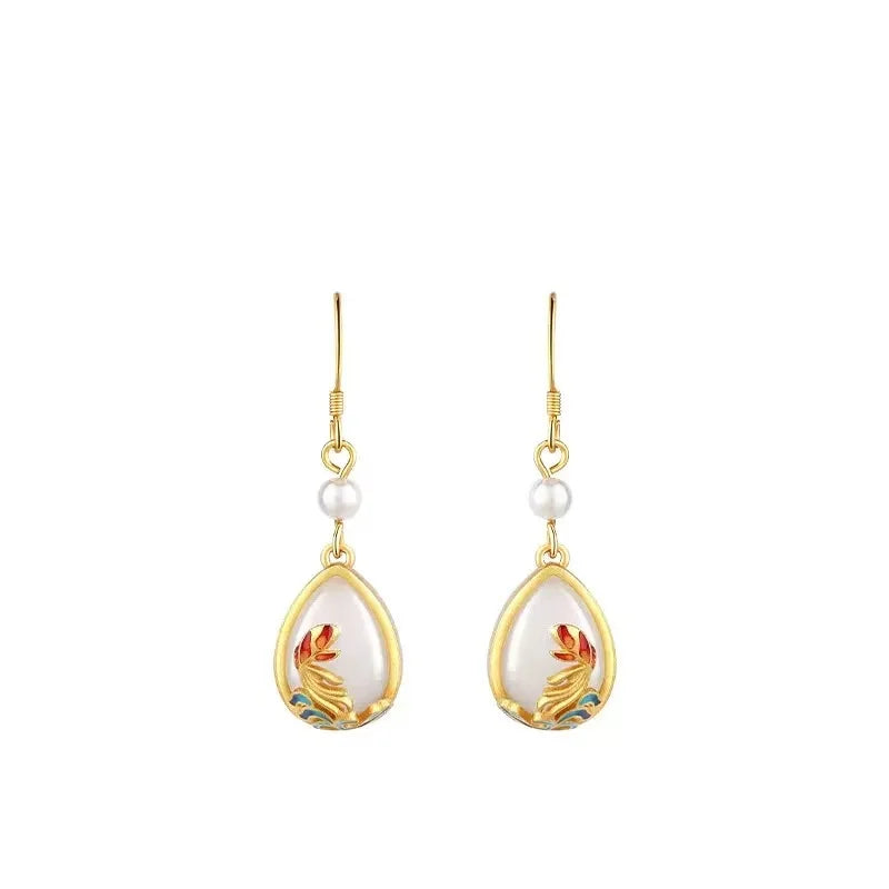 M&T Wear - Vintage Gilded Enamel Water-Drop Jade Earrings