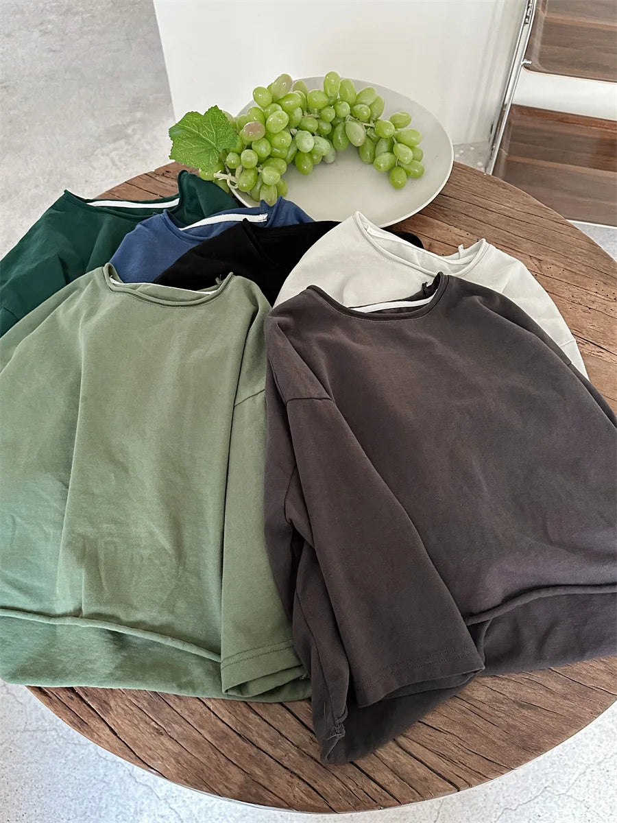 M&T Wear - Korean Children's Clothes 2025 Kids Boys 0-3Y Baby Girls Cotton Solid Color Long Sleeve Loose Fit Base Layer Soft Wear Top