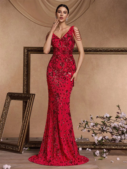 M&T Wear - Elegant Deep V-Neck Red Sequin Formal Evening Dresses Women Beading Wedding Party Mermaid Cocktail Prom Graduation Gown