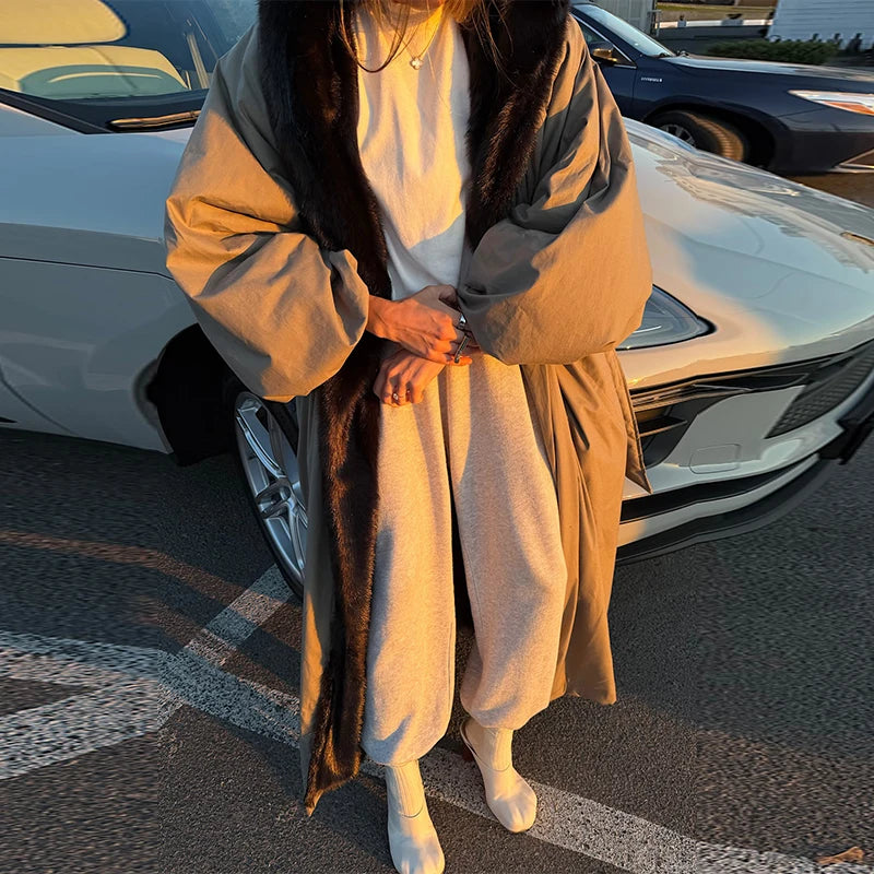 M&T Wear - Oversize Faux Fur Collar Lace-Up Fashion Long Coat