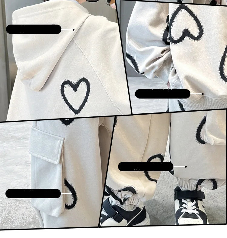 M&T Wear - Tracksuits for Kids 2025 Autumn Heart Print Casual School Boys Girls Hoodies+Pants Suits 5-14Years Teen Children Clothes Outfits