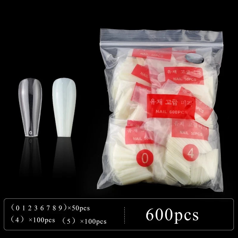M&T Wear – 600PCS Long Ballerina Coffin Fake Nail Tips | Clear/Natural