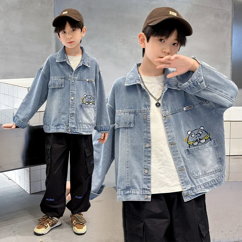 M&T Wear - Kids Denim Jacket Boys Jeans Coat Clothing Fashion Baby Boy Denim Jacket With Cartoon Embroidery Child Casual Streetwear Outfit