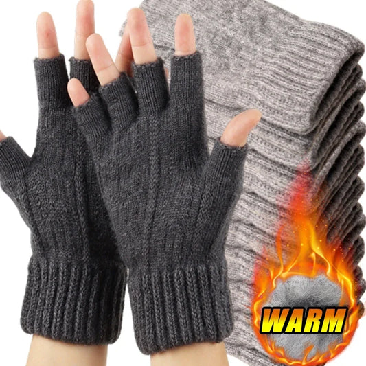 M&T Wear - Winter Gloves For Men Half Finger Writing Office Cycling Knitted Gloves Students Alpaca Wool Warm Thick Elastic Driving Gloves