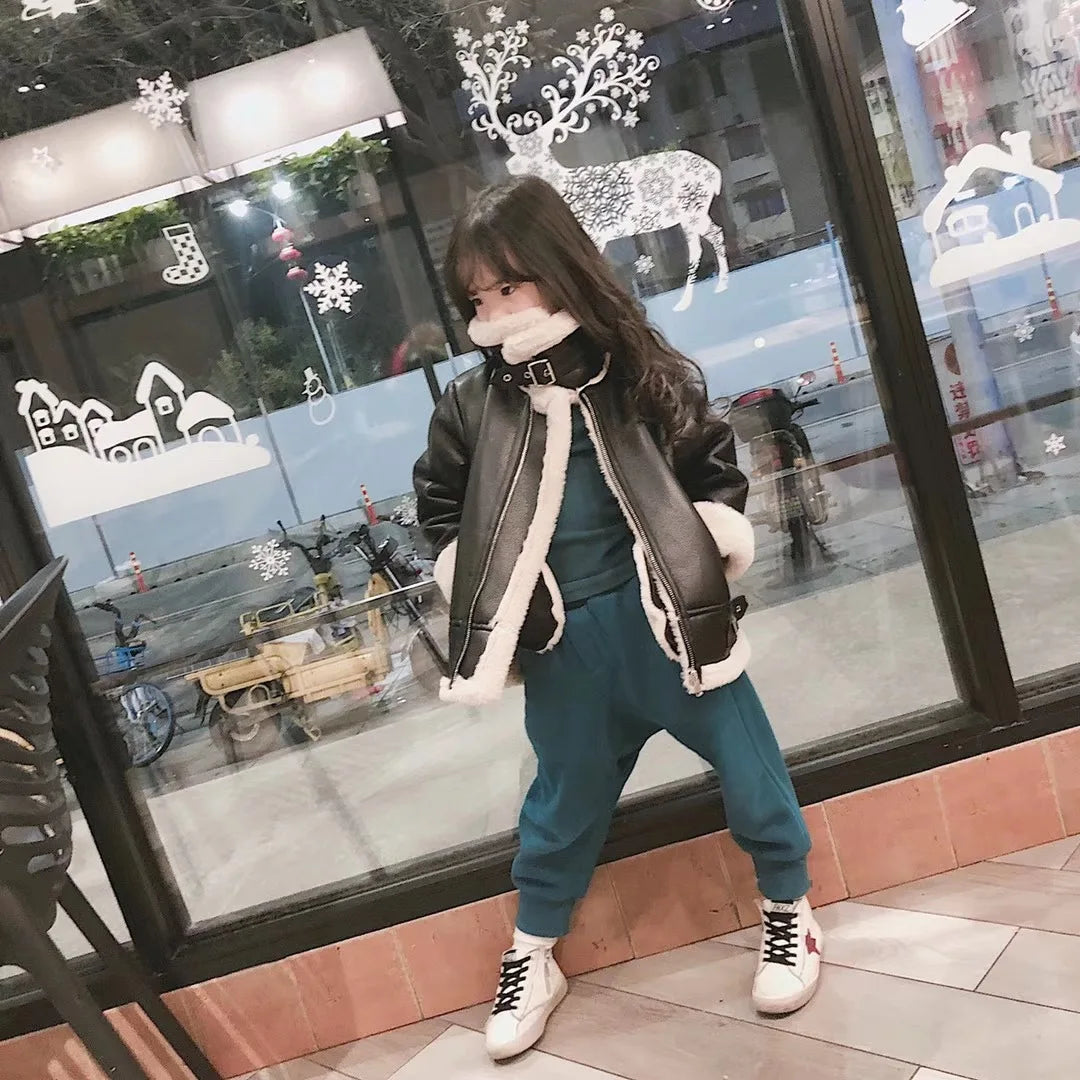 M&T Wear - Girls Jacket Leather Motorcycle Kids Coats Fleece Children Jacket Winter Autumn