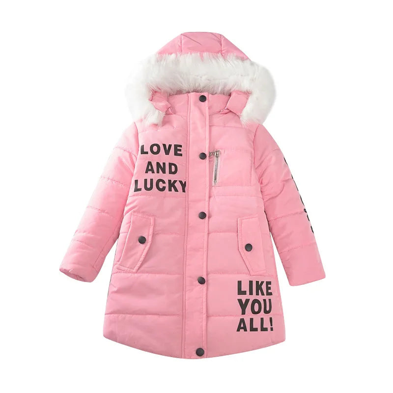 M&T Wear - Winter Warm Jackets for Girls Fashion Fur Hooded Children Girls Waterproof Outwear Kids Cotton Lined Parkas