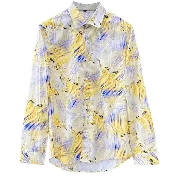 M&T Wear - Spring and Autumn High-end Long-sleeved Men's Fancy Shirt Micro-Stretched Slim Personalized Fashion Printed Shirt