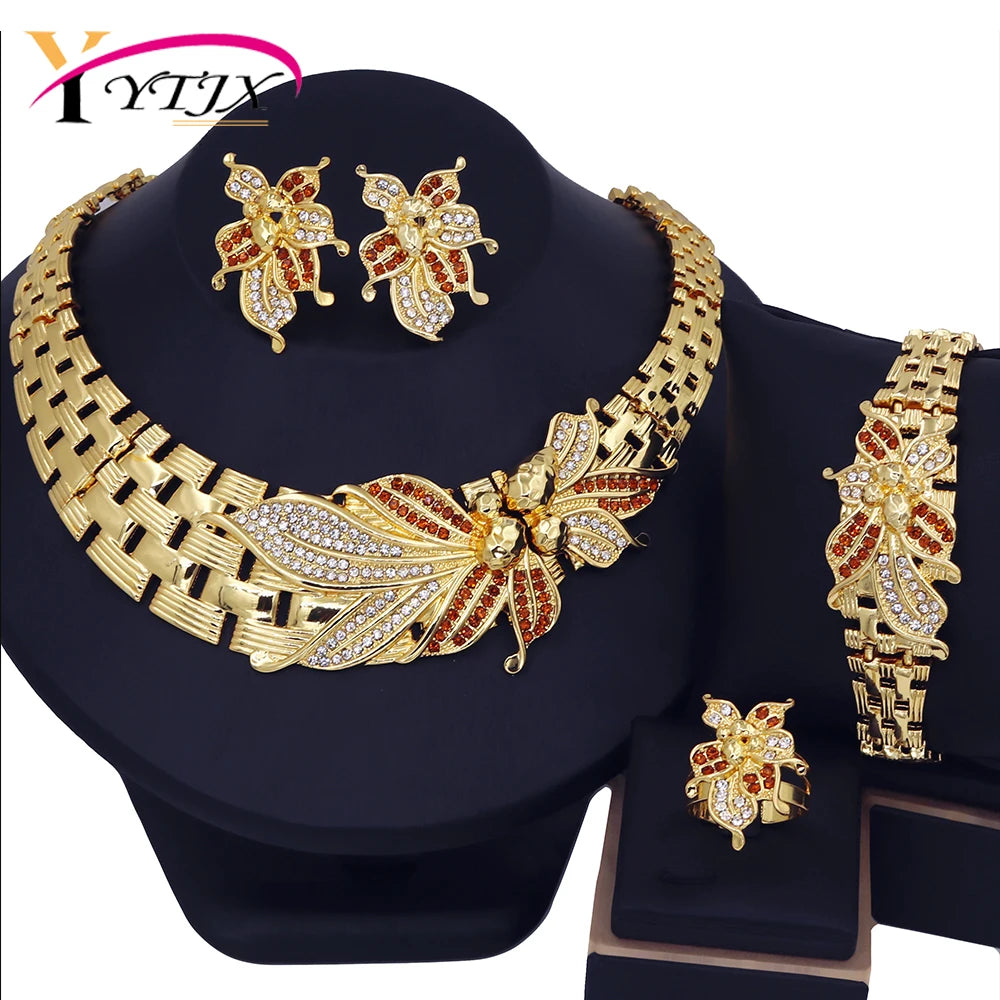 M&T Wear - Wedding Jewelry Set, 4-Piece Flower Choker Necklace, Bracelet, Earrings & Ring