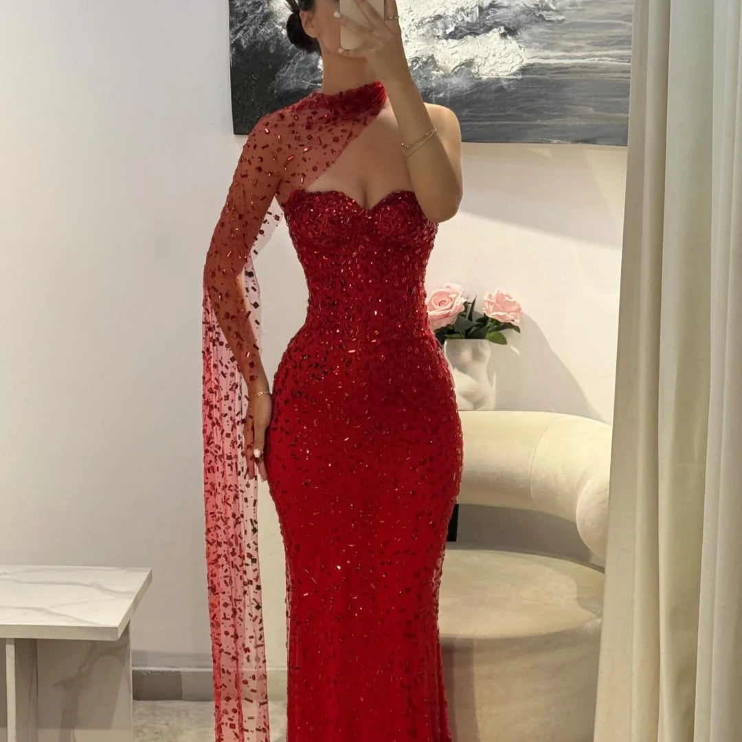 M&T Wear - Sansa Customized Red Mermaid Glitter Strapless Prom Dresses Floor