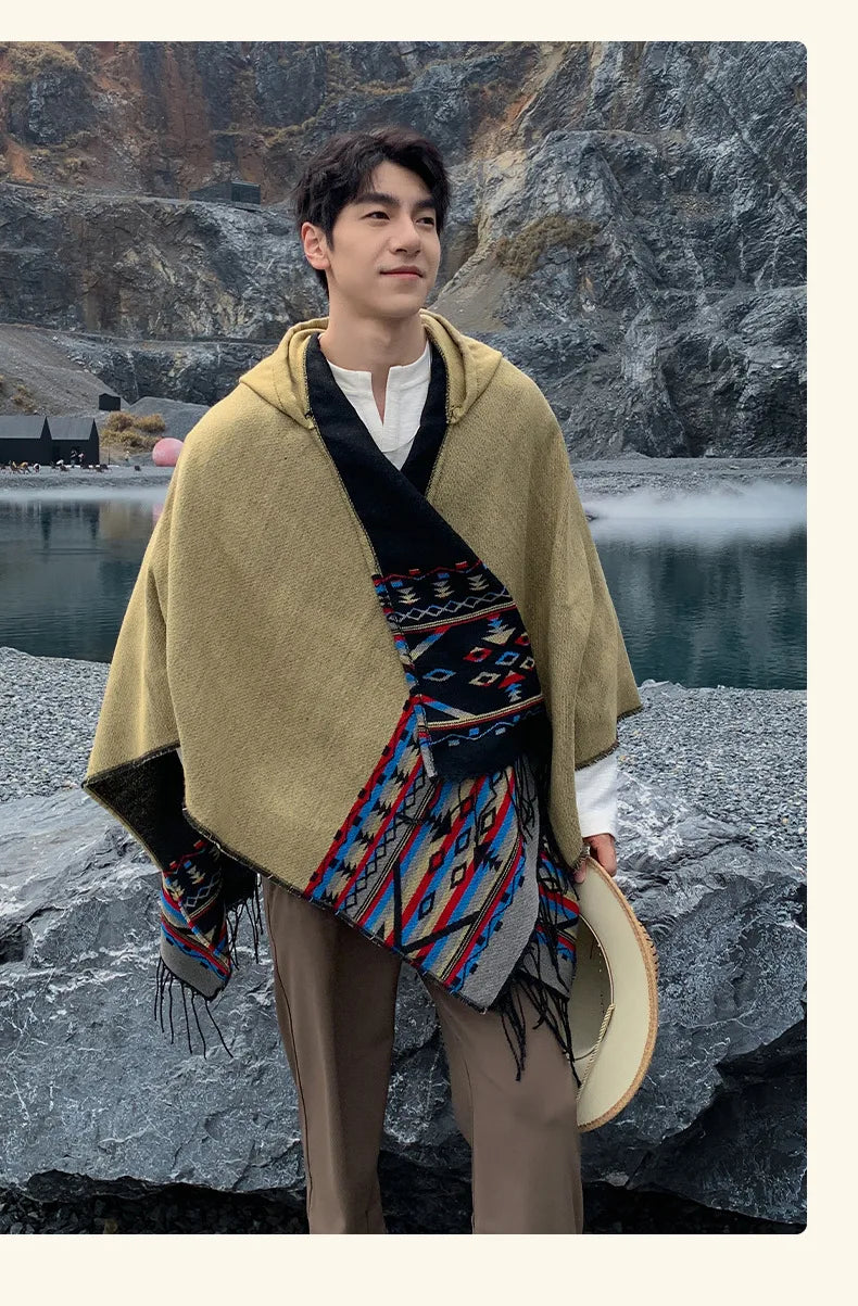 M&T Wear - Winter New Bohemian Shawl Men Ponchos Cashmere Blend Cape Coat Fringe Poncho Vintage Tassel Scarf Hooded Wraps Outwear