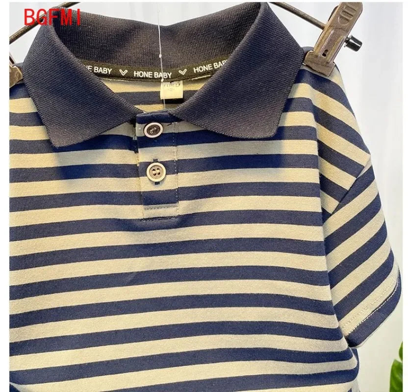 M&T Wear - Korean Children's Clothes 2025 Summer Kids Clothes Boys Outfits Baby Thin Short Sleeves Stripe Polo Shirt +Shorts Two Pieces Set