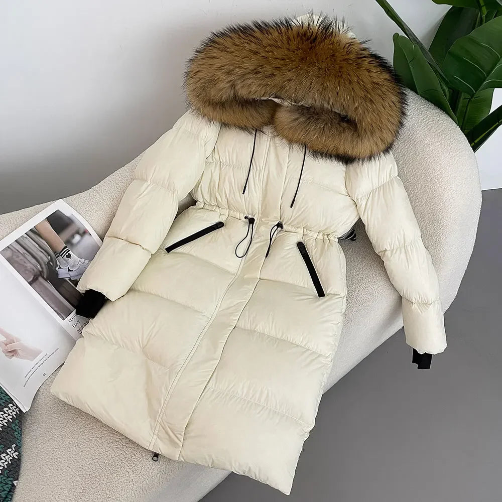 M&T Wear - Luxury Real Fox Fur Hooded White Duck Down Long Coat