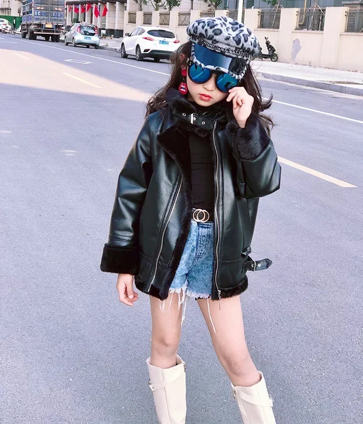 M&T Wear - Girls Jacket Leather Motorcycle Kids Coats Fleece Children Jacket Winter Autumn