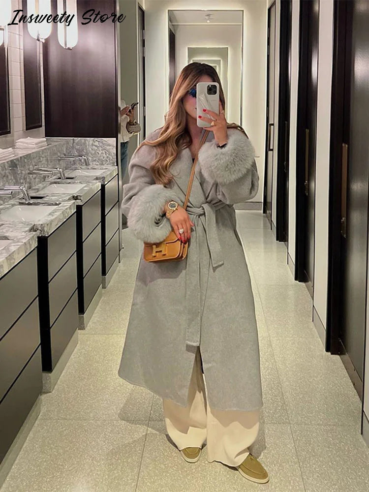 Elegant Solid Long Overcoat Women Turn-down Collar Lace Up Full Sleeve Classic Warm Coat 2025 New Lady Autumn Winter Casual Wear