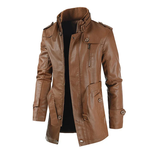 M&T Wear - Biker Jaqueta Winter Men's Thick Fleece Long Leather Jacket Coat mens Outwear Fashion Leather Warm Casual Vintage Jackets