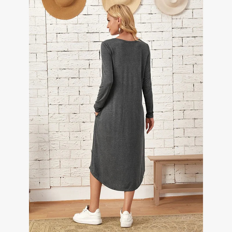 Women's 2025 Fall Winter Knit Dress - Solid Color Swing Dress with Side Pockets, Casual A-Line Tunic Dress