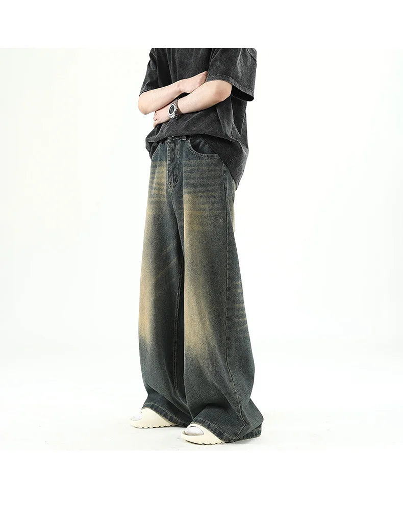 M&T Wear - Men Denim Pants Old Blue Washed Male Jeans Straight Casual Menswear Loose Wide Leg Trousers New Fashion Korean High Street Denim