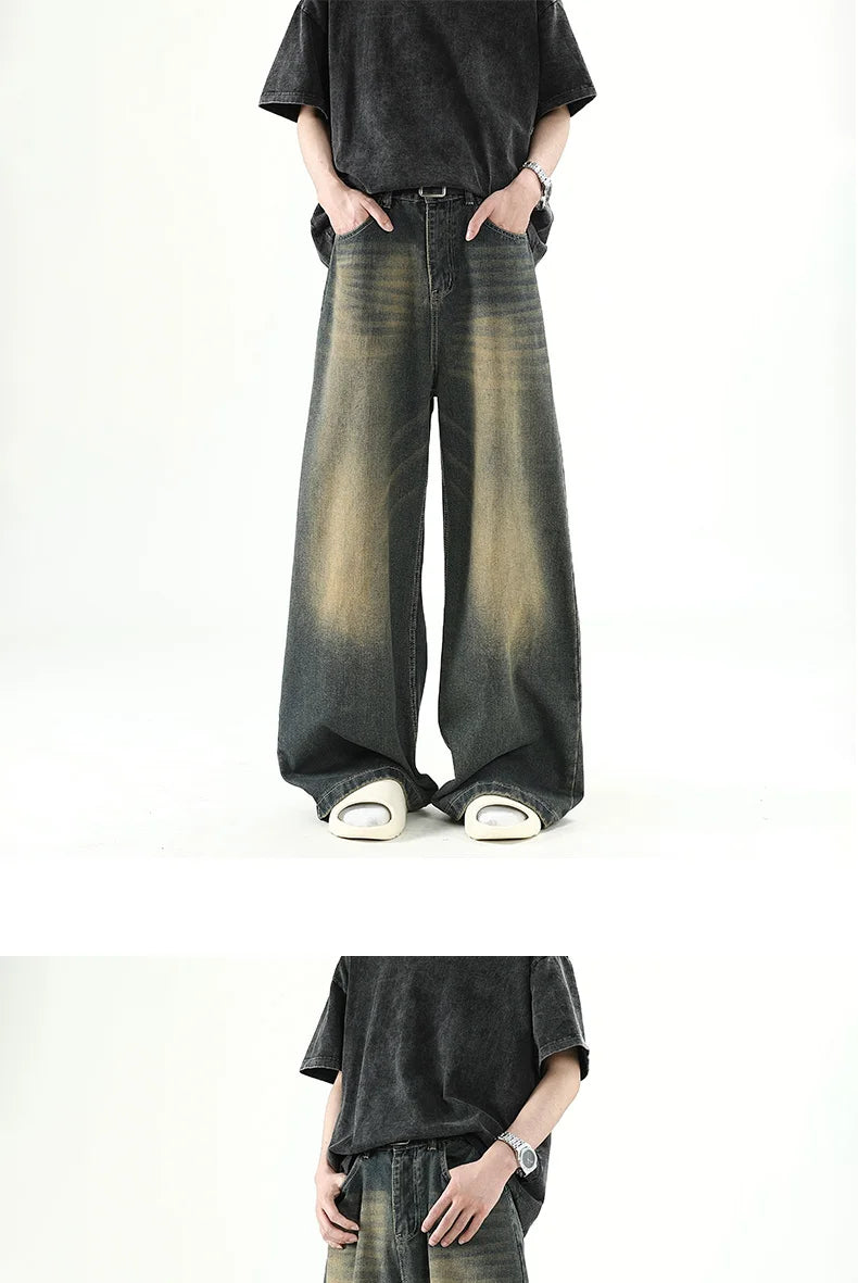 M&T Wear - Men Denim Pants Old Blue Washed Male Jeans Straight Casual Menswear Loose Wide Leg Trousers New Fashion Korean High Street Denim