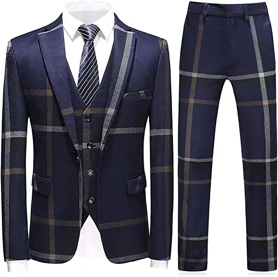 M&T Wear - Men’s 3-Piece Check Plaid Suit – Classic One Button Design