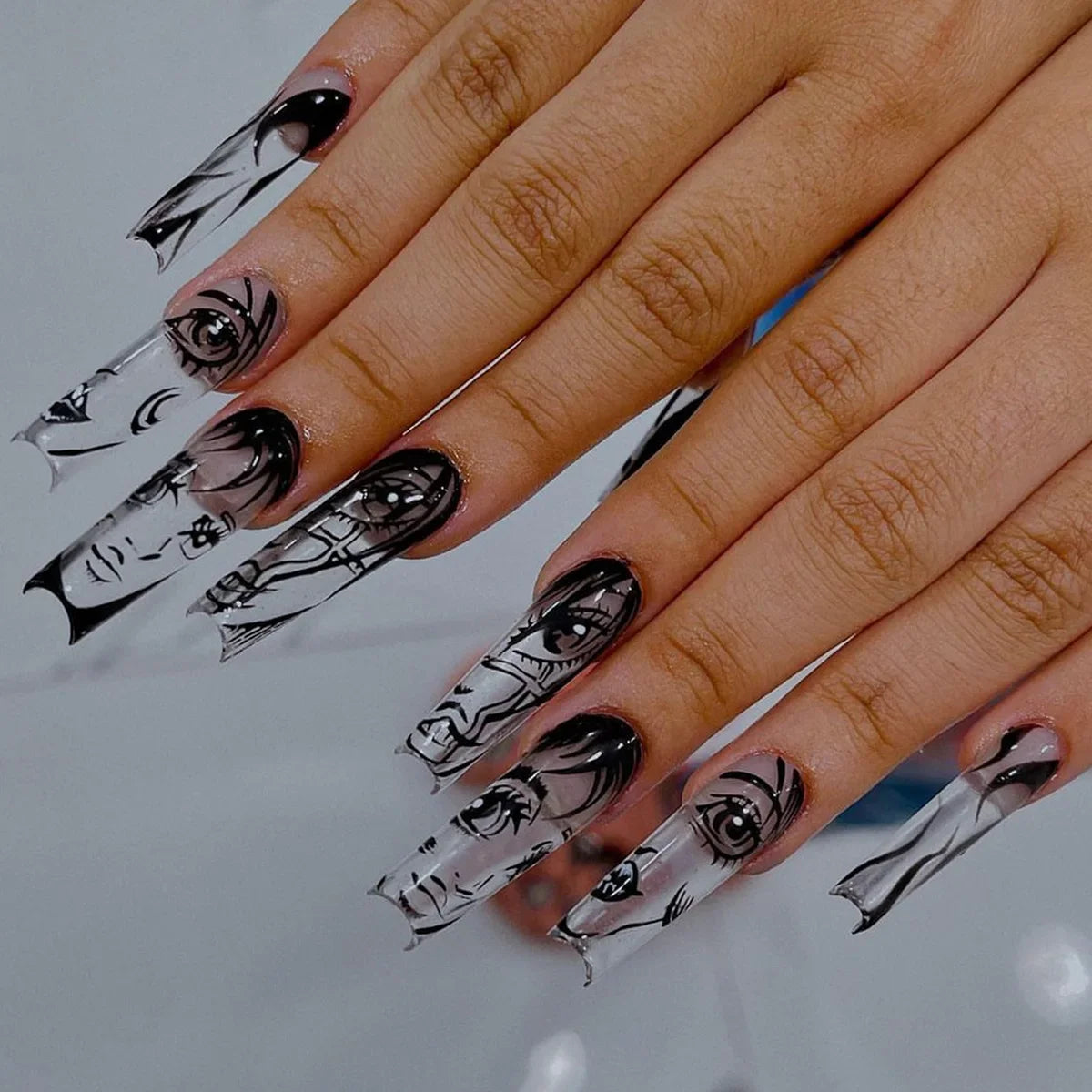 M&T Wear – 24PCS Black & White French Tips Press-On Nails with Anime Comics Design