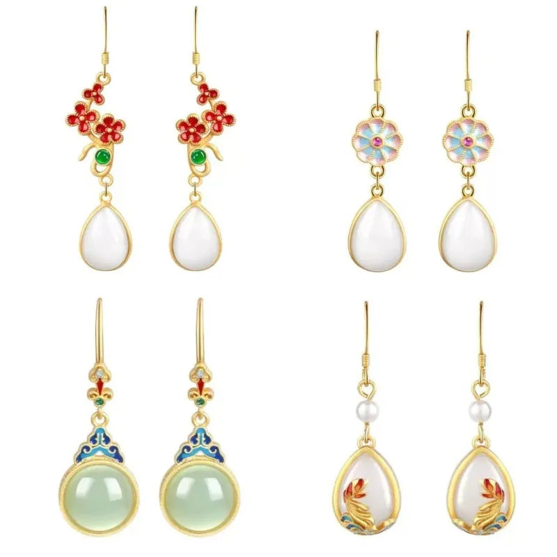 M&T Wear - Vintage Gilded Enamel Water-Drop Jade Earrings