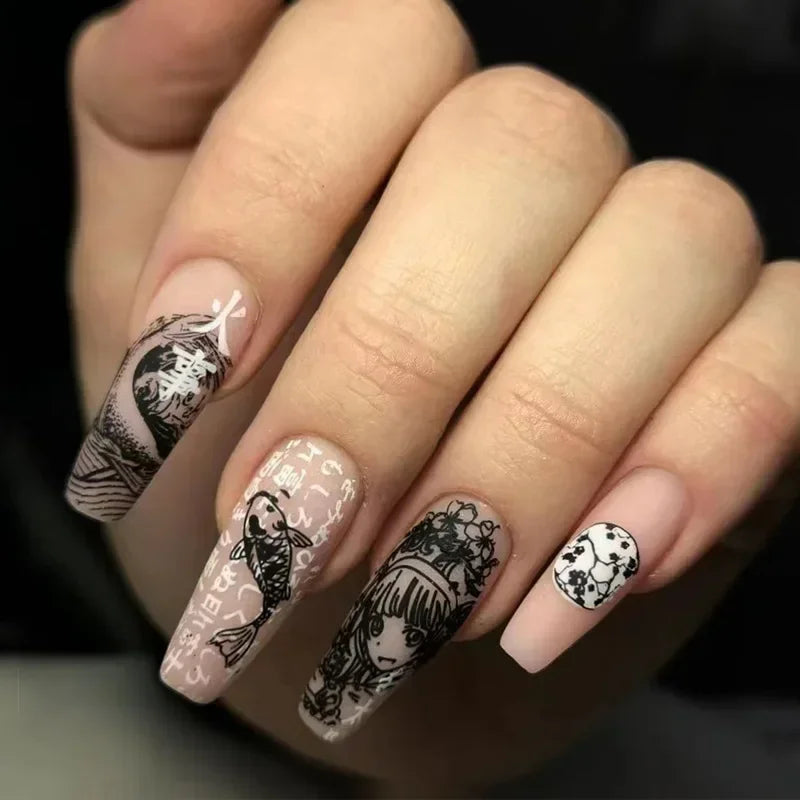 M&T Wear – 24PCS Black & White French Tips Press-On Nails with Anime Comics Design