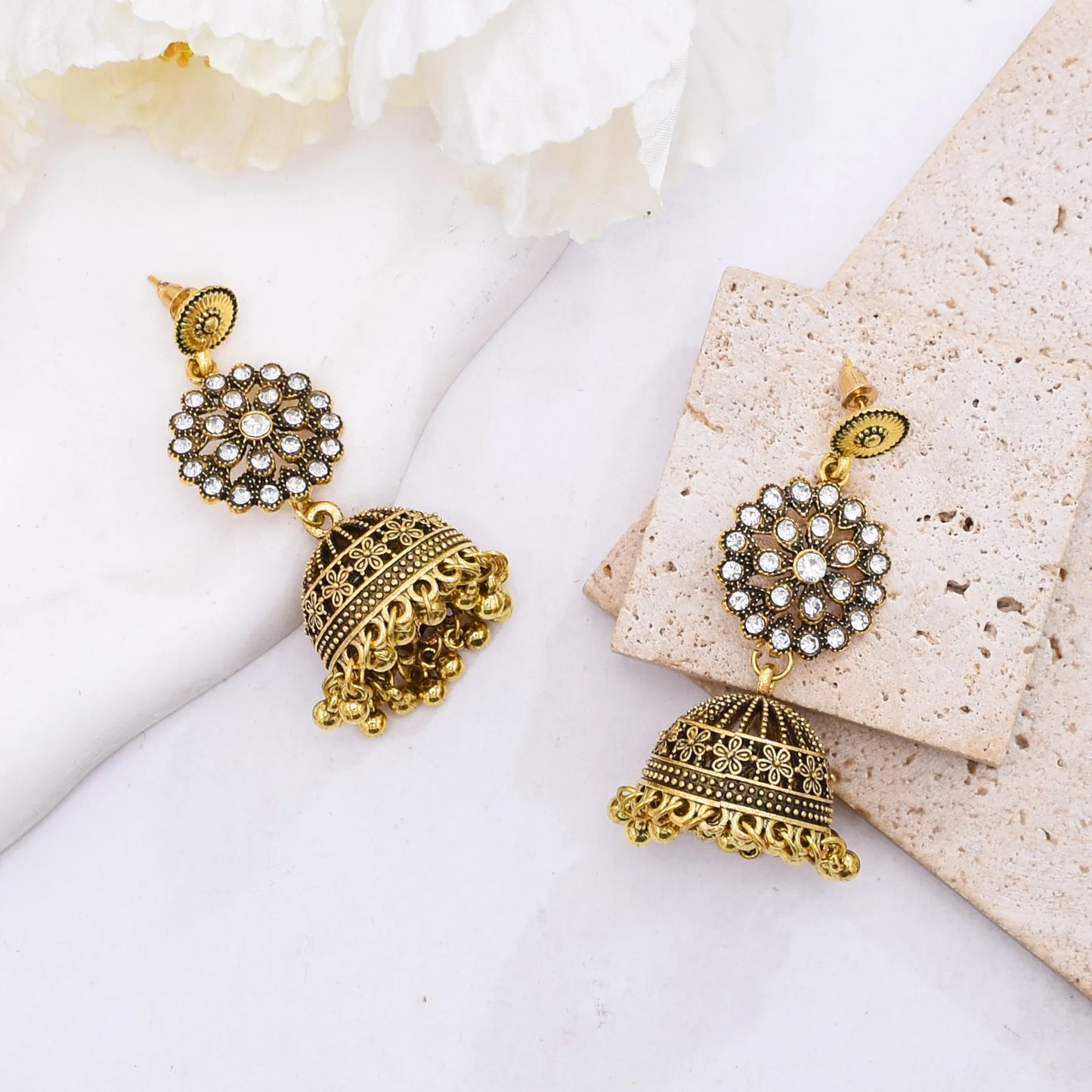M&T Wear - Traditional Indian Jhumka Earrings for Women | Vintage Peacock Bell Design with Pearl Beads