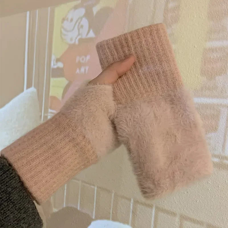 M&T Wear - Soft Winter Half Finger Gloves Women Warm Luxury Solid White Plush Knitted Fingerless Gloves Wrist Mittens Writting