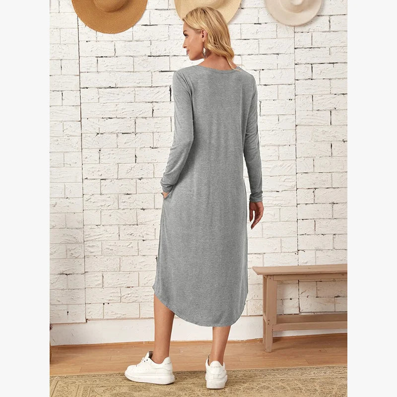 Women's 2025 Fall Winter Knit Dress - Solid Color Swing Dress with Side Pockets, Casual A-Line Tunic Dress