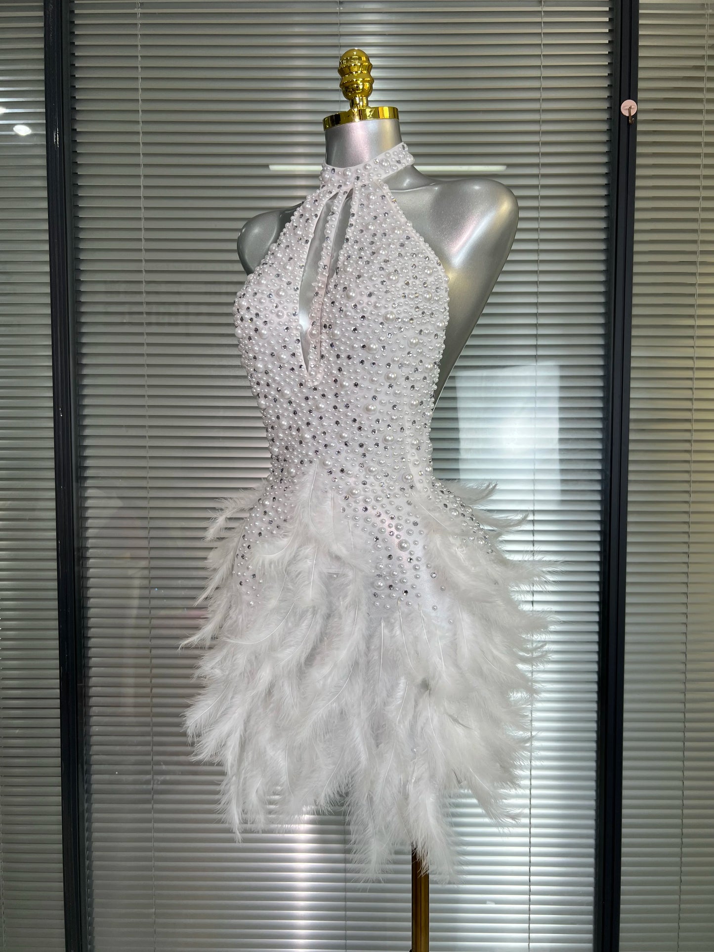M&T Wear - Women Sexy White Backless Mesh Crystal Diamonds Feathers Performance Costume Stage Dancer Mini Stretchy Night Club Party Dress