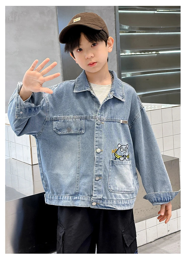 M&T Wear - Kids Denim Jacket Boys Jeans Coat Clothing Fashion Baby Boy Denim Jacket With Cartoon Embroidery Child Casual Streetwear Outfit