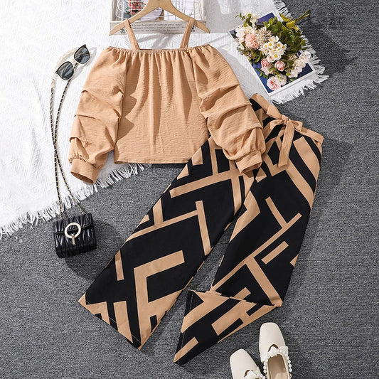 M&T Wear - Kids Clothing Sets For Girls Khaki Off-shoulder Long sleeve Top & Stripe Printing Pants Summer Resort Style Children Suits OOTD