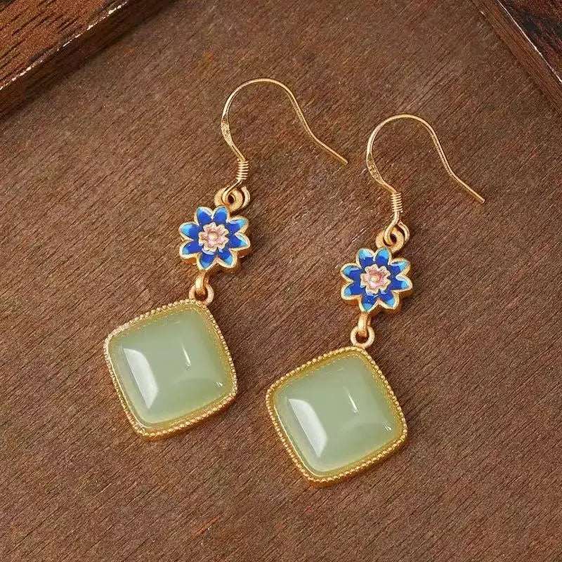 M&T Wear - Vintage Gilded Enamel Water-Drop Jade Earrings