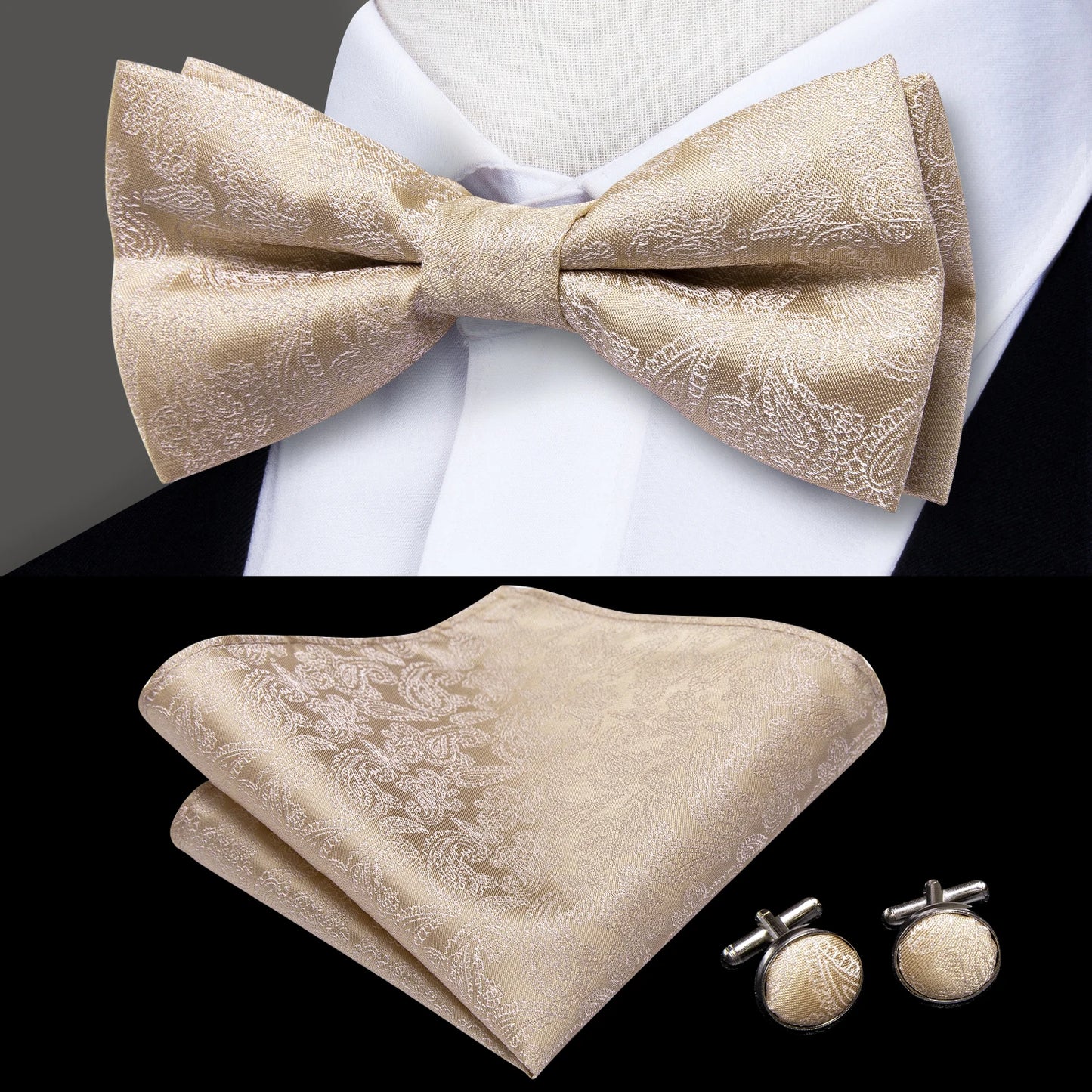 Hi-Tie 60 Color Classic Bow Ties for Men Silk Butterfly Pre-Tied Male Bowtie Pocket Square Cufflinks Set Jacquard Paisley Floral