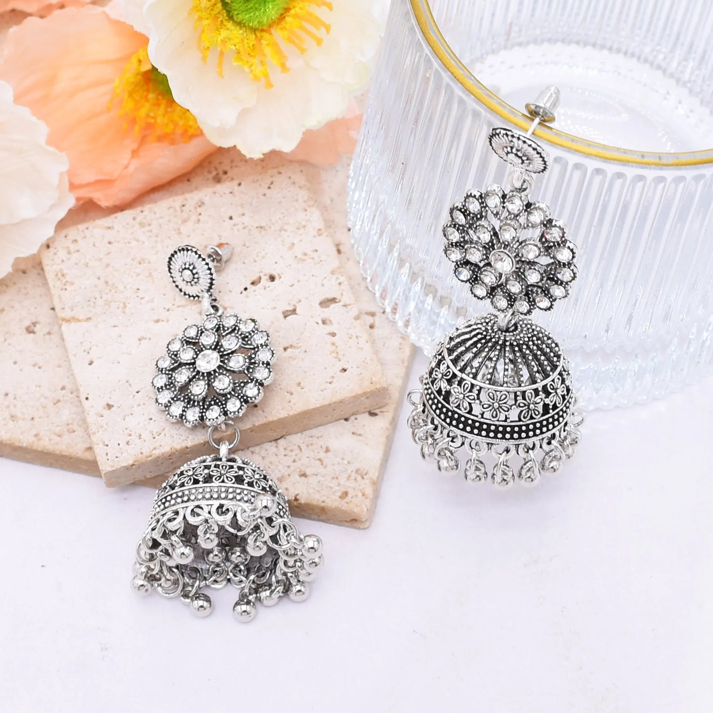 M&T Wear - Traditional Indian Jhumka Earrings for Women | Vintage Peacock Bell Design with Pearl Beads