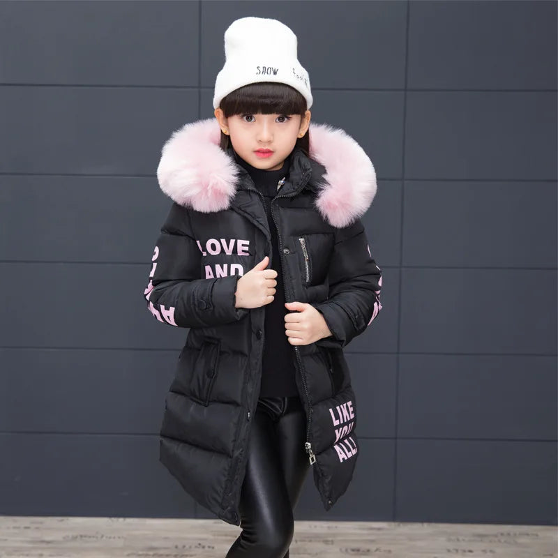 M&T Wear - Winter Warm Jackets for Girls Fashion Fur Hooded Children Girls Waterproof Outwear Kids Cotton Lined Parkas