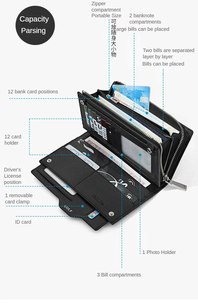 M&T Wear - GOLF Long Wallet for Men, Leather Clutch & Organizer