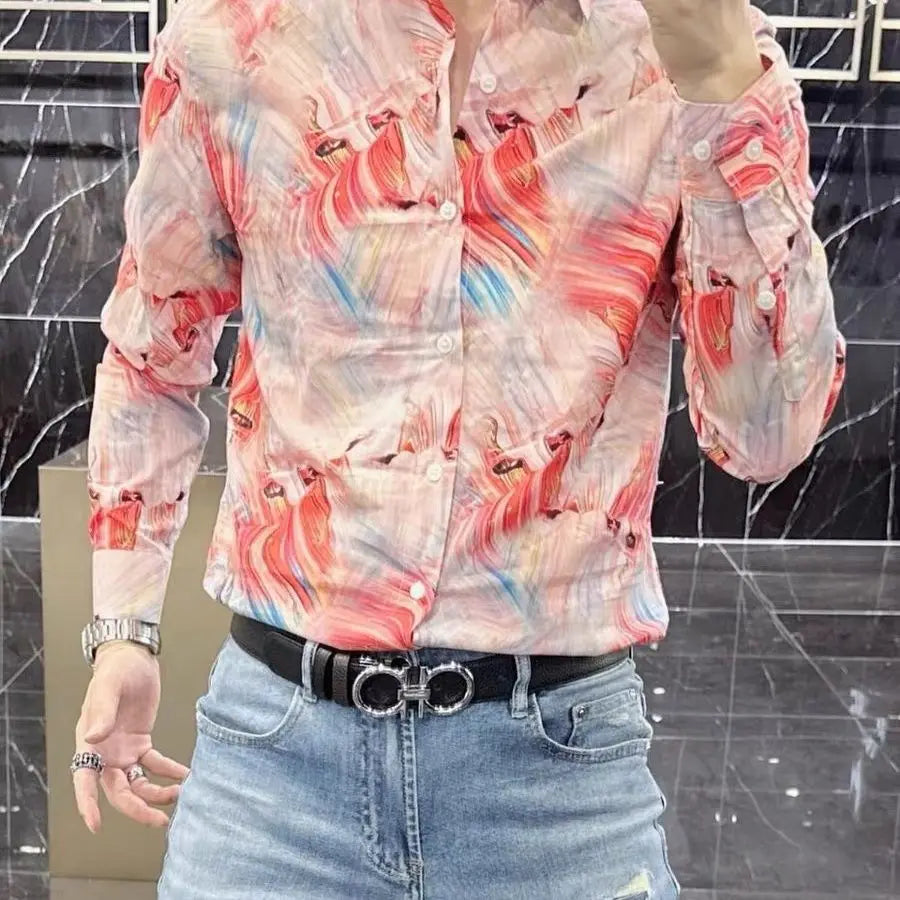 M&T Wear - Spring and Autumn High-end Long-sleeved Men's Fancy Shirt Micro-Stretched Slim Personalized Fashion Printed Shirt