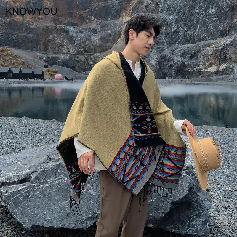 M&T Wear - Winter New Bohemian Shawl Men Ponchos Cashmere Blend Cape Coat Fringe Poncho Vintage Tassel Scarf Hooded Wraps Outwear