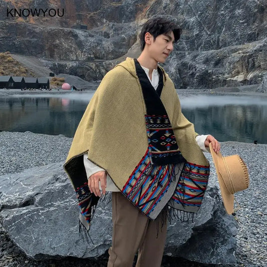 M&T Wear - Winter New Bohemian Shawl Men Ponchos Cashmere Blend Cape Coat Fringe Poncho Vintage Tassel Scarf Hooded Wraps Outwear