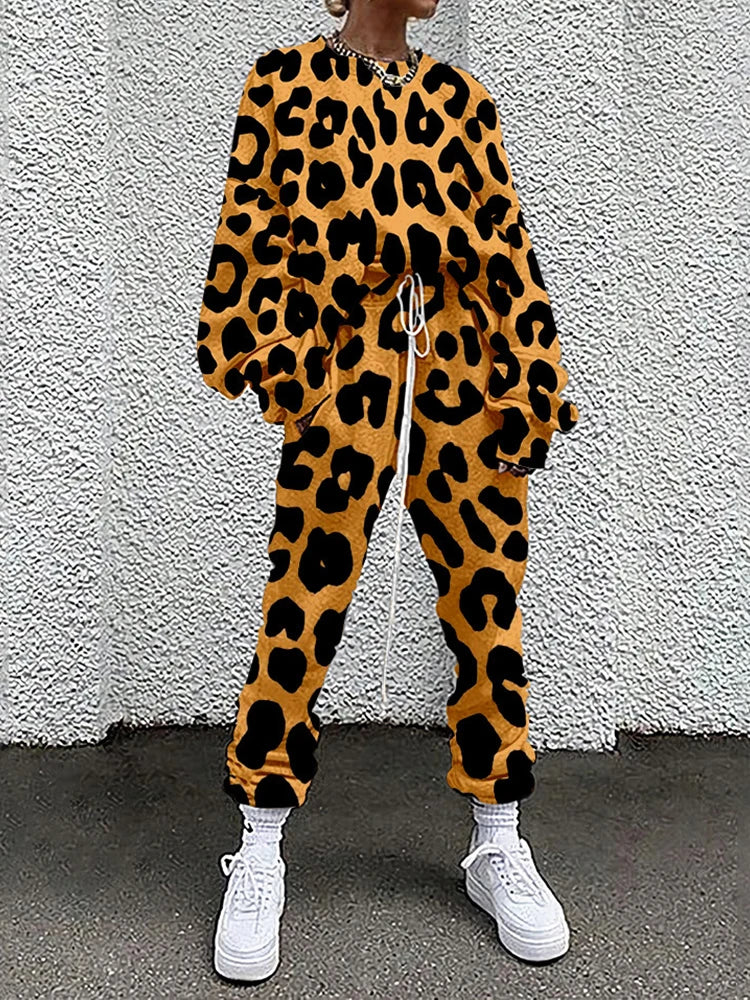M&T Wear - Women Tracksuit Hipster Street Style Colorful Leopard Printed Casual Full Sleeve O Neck Sweatshirt + Drawstring Pants Two-pieces