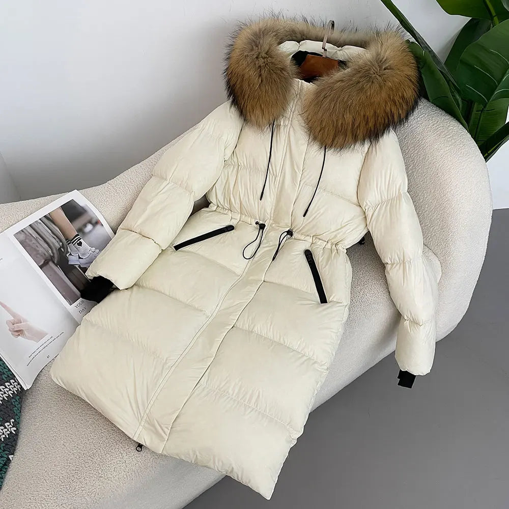 M&T Wear - Luxury Real Fox Fur Hooded White Duck Down Long Coat