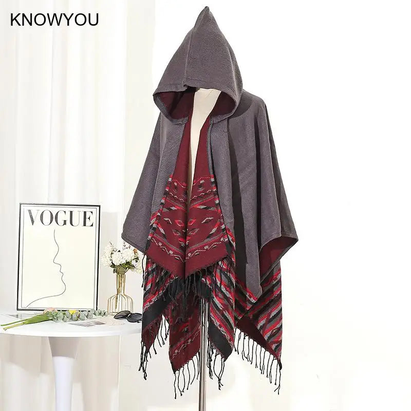 M&T Wear - Winter New Bohemian Shawl Men Ponchos Cashmere Blend Cape Coat Fringe Poncho Vintage Tassel Scarf Hooded Wraps Outwear