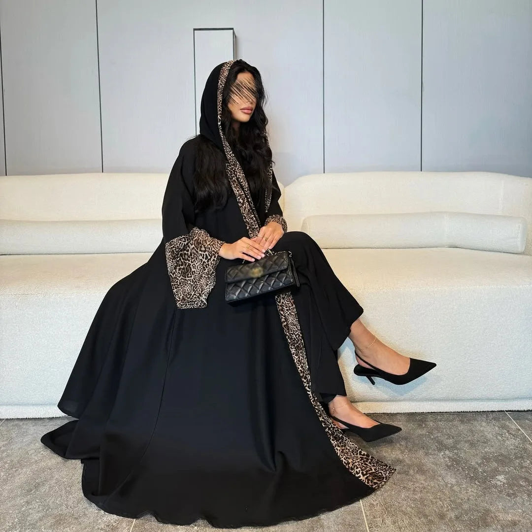 M&T Wear - Leopard Print Chiffon Open Abaya with Zipper