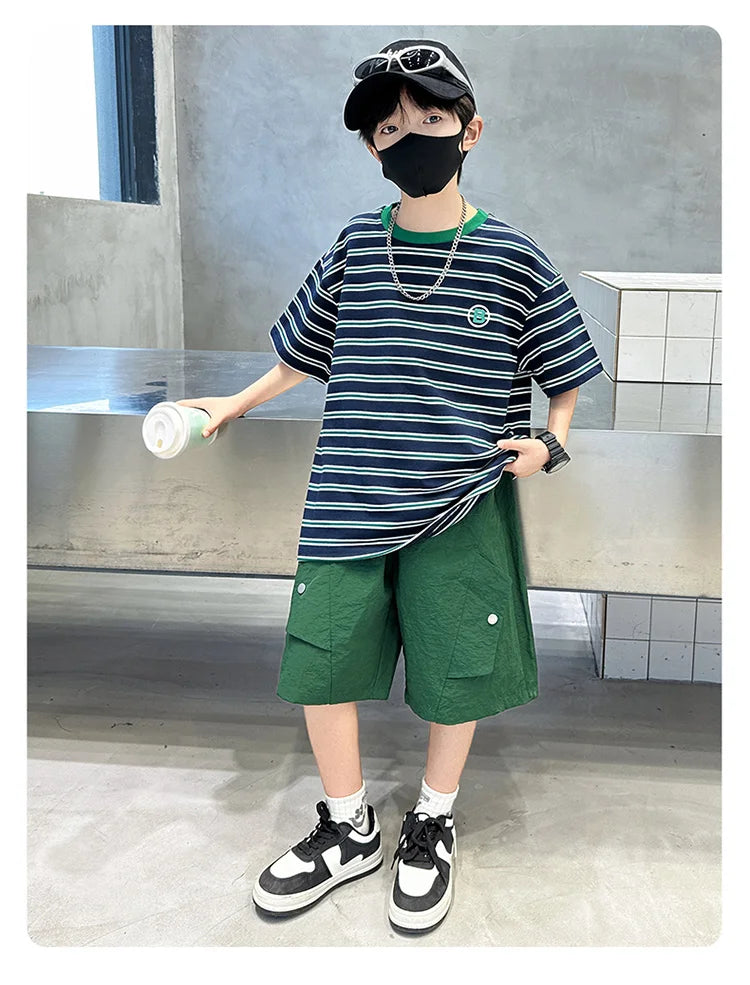 M&T Wear - Kids Striped Summer Suit for Boy with Shorts 2 Piece Cotton Clothing Set Children Top and Bottom Clothes Set Tracksuit Age 5-14Y